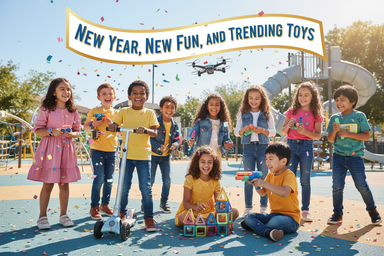 kids of different races playing together. add this note -  new year, new fun, and trending toys