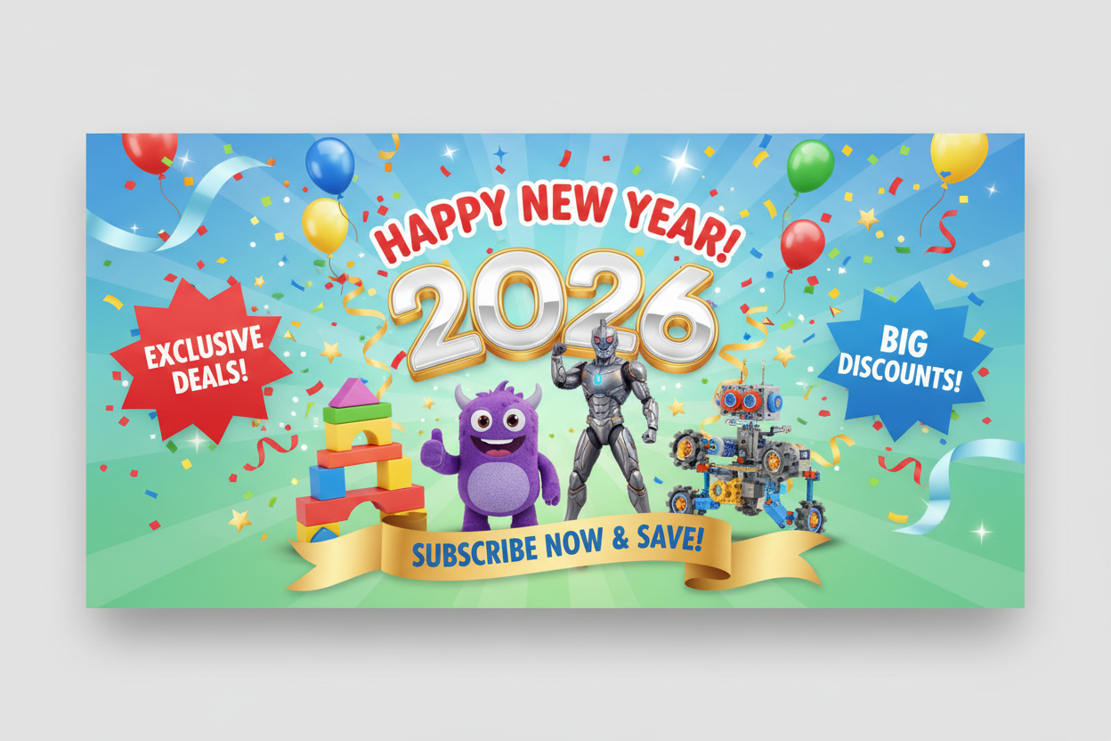 newsletter for a toy store, new year, new trending toys, subscribe for exclusive deals, new products, discounts and more 